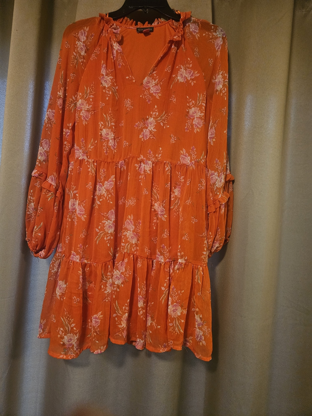 Vince Camuto Orange Floral Tiered Long-Sleeve Dress